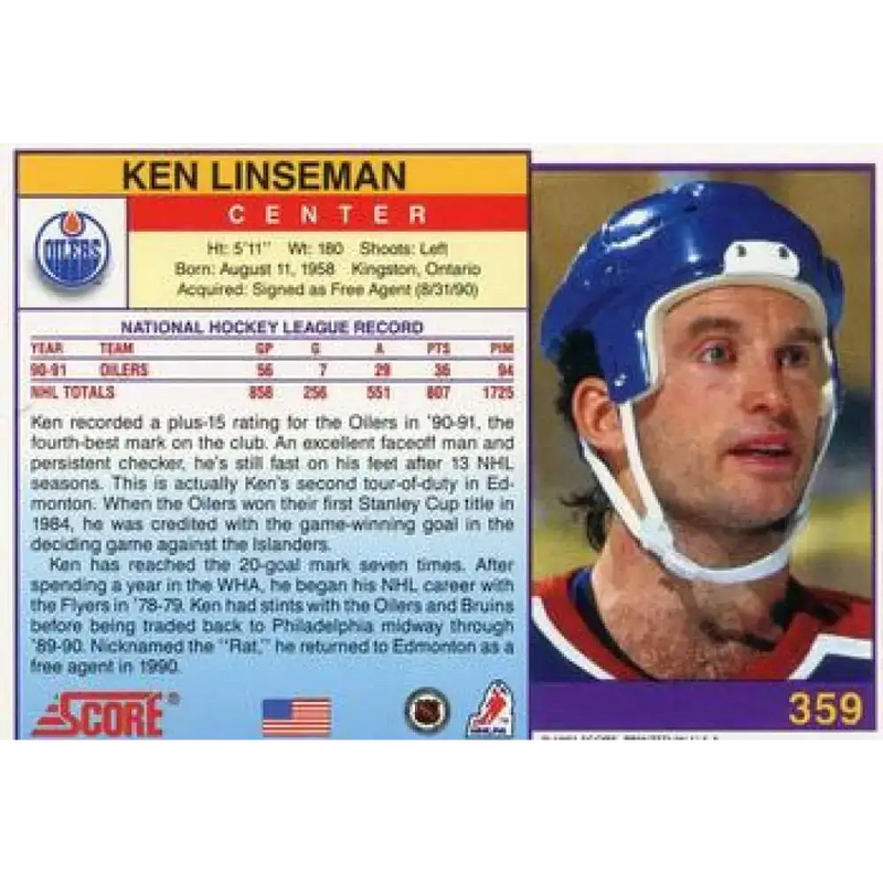 1991-92 Score American #359 Ken Linseman NM-MT Edmonton Oilers Hockey Card - Hockey Card Single
