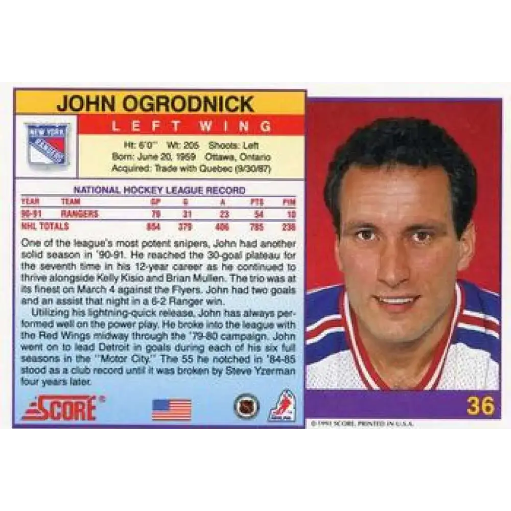 1991-92 Score American #36 John Ogrodnick NM-MT New York Rangers Hockey Card - Hockey Card Single