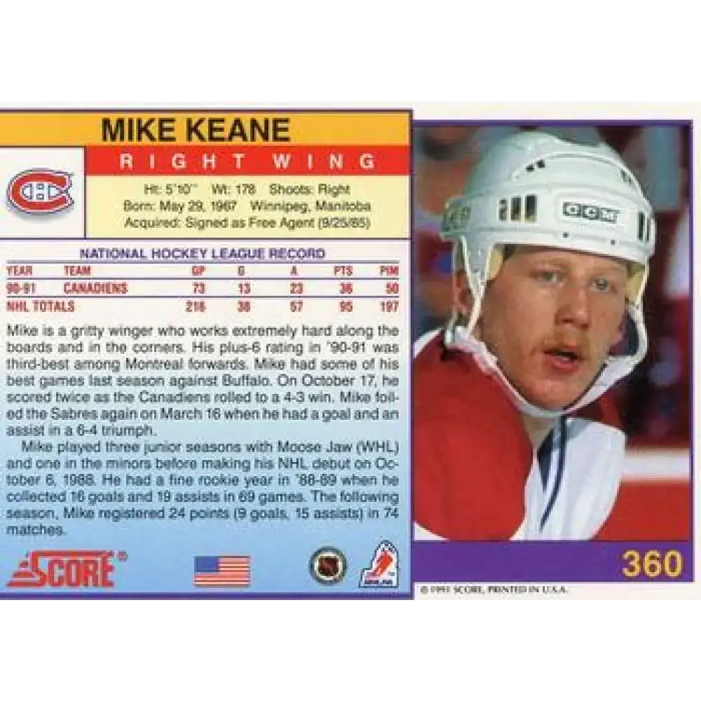 1991-92 Score American #360 Mike Keane NM-MT Montreal Canadiens Hockey Card - Hockey Card Single