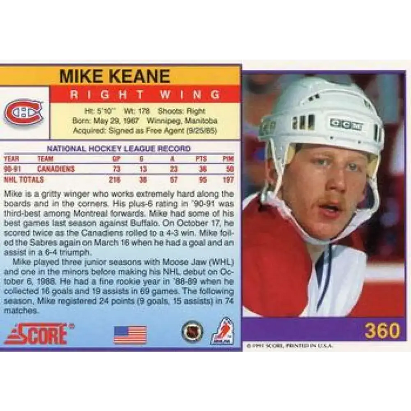 1991-92 Score American #360 Mike Keane NM-MT Montreal Canadiens Hockey Card - Hockey Card Single