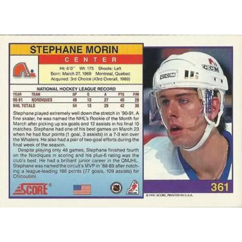 1991-92 Score American #361 Stephane Morin NM-MT Quebec Nordiques Hockey Card - Hockey Card Single