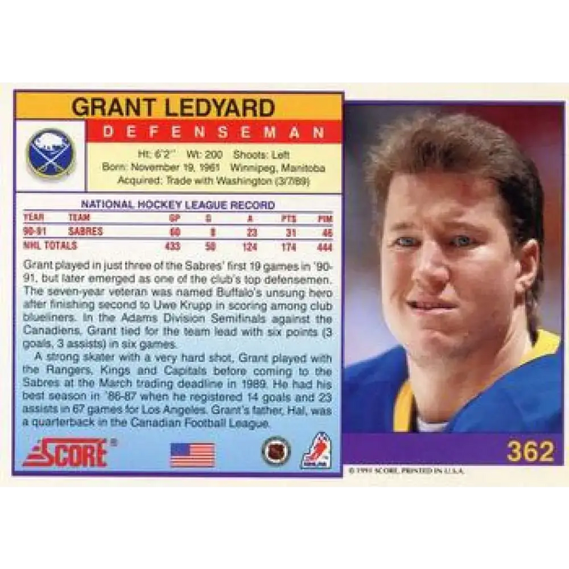 1991-92 Score American #362 Grant Ledyard NM-MT Buffalo Sabres Hockey Card - Hockey Card Single