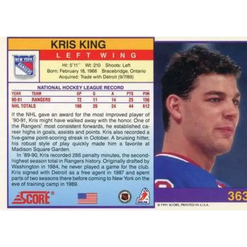 1991-92 Score American #363 Kris King NM-MT New York Rangers Hockey Card - Hockey Card Single