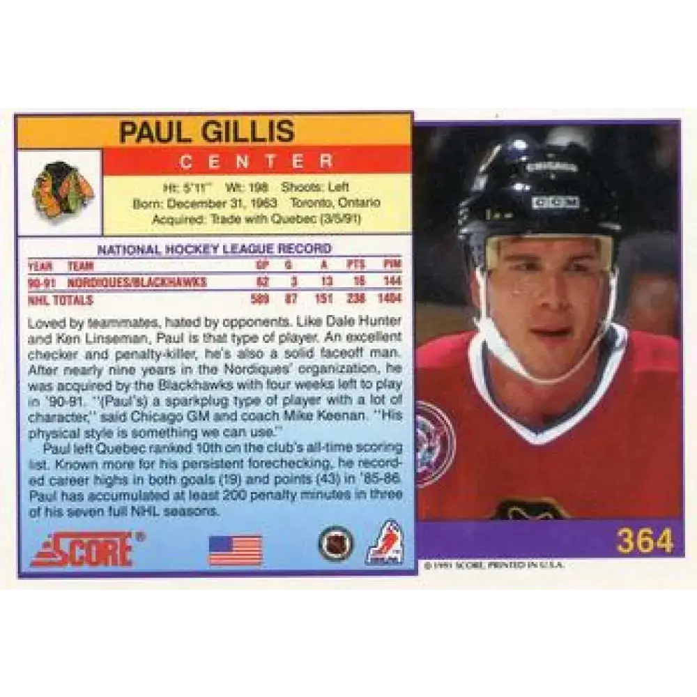1991-92 Score American #364 Paul Gillis NM-MT Chicago Blackhawks Hockey Card - Hockey Card Single