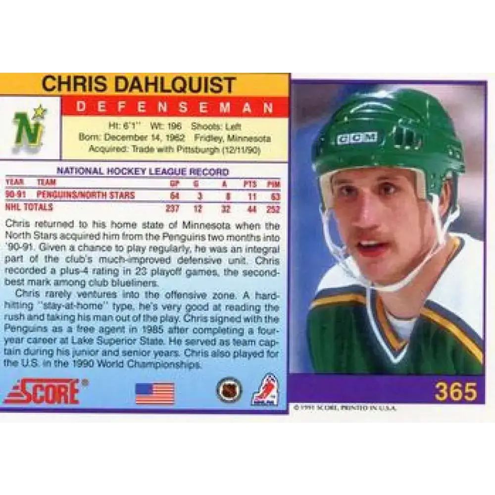1991-92 Score American #365 Chris Dahlquist NM-MT Minnesota North Stars Hockey Card - Hockey Card Single