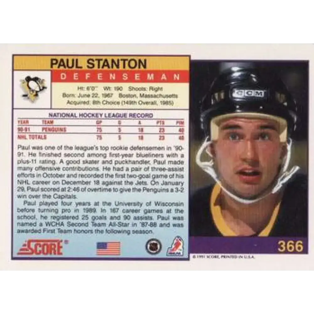 1991-92 Score American #366 Paul Stanton NM-MT Pittsburgh Penguins Hockey Card - Hockey Card Single