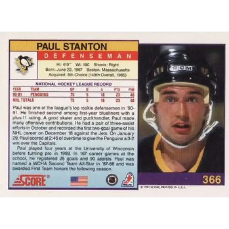 1991-92 Score American #366 Paul Stanton NM-MT Pittsburgh Penguins Hockey Card - Hockey Card Single