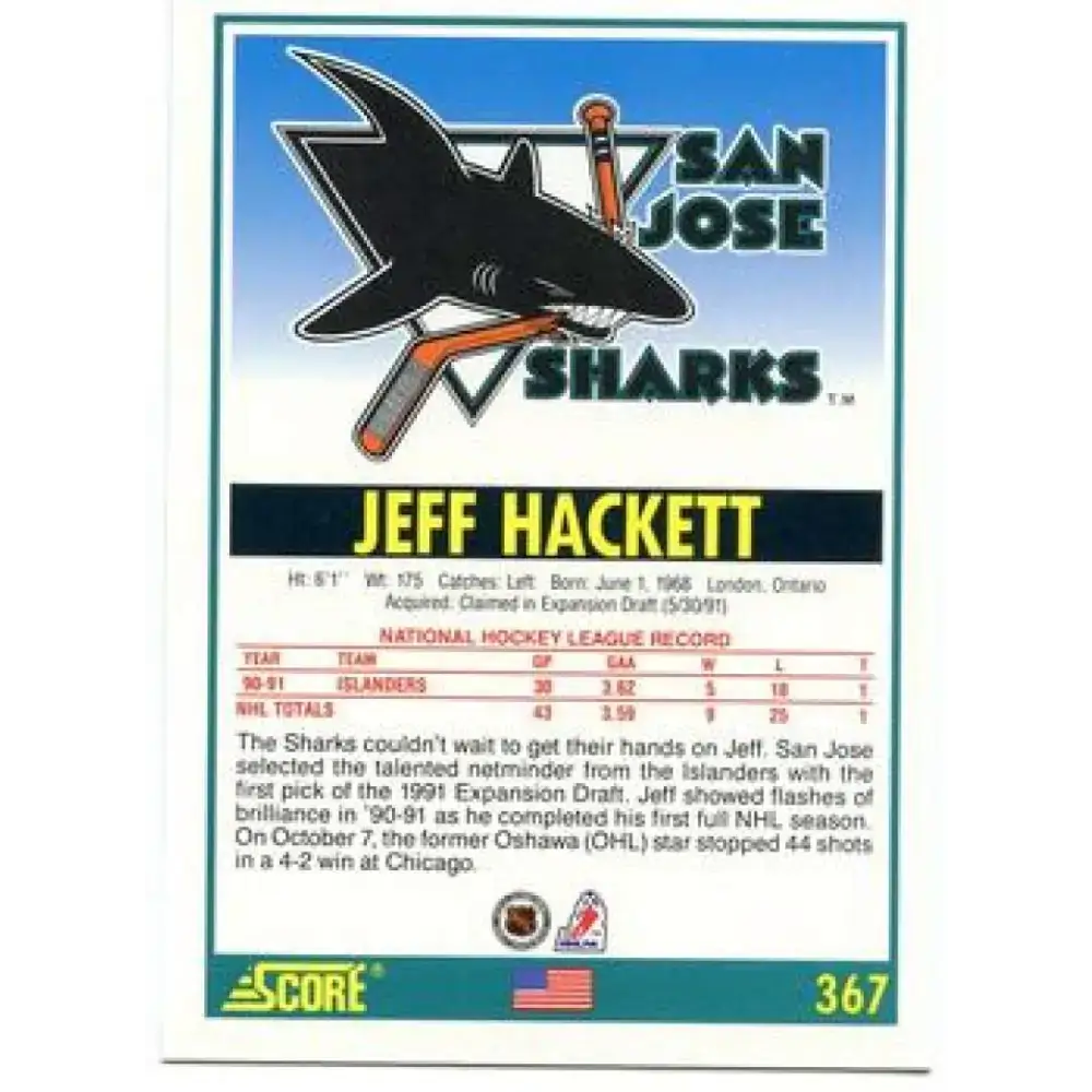 1991-92 Score American #367 Jeff Hackett NM-MT San Jose Sharks Hockey Card - Hockey Card Single