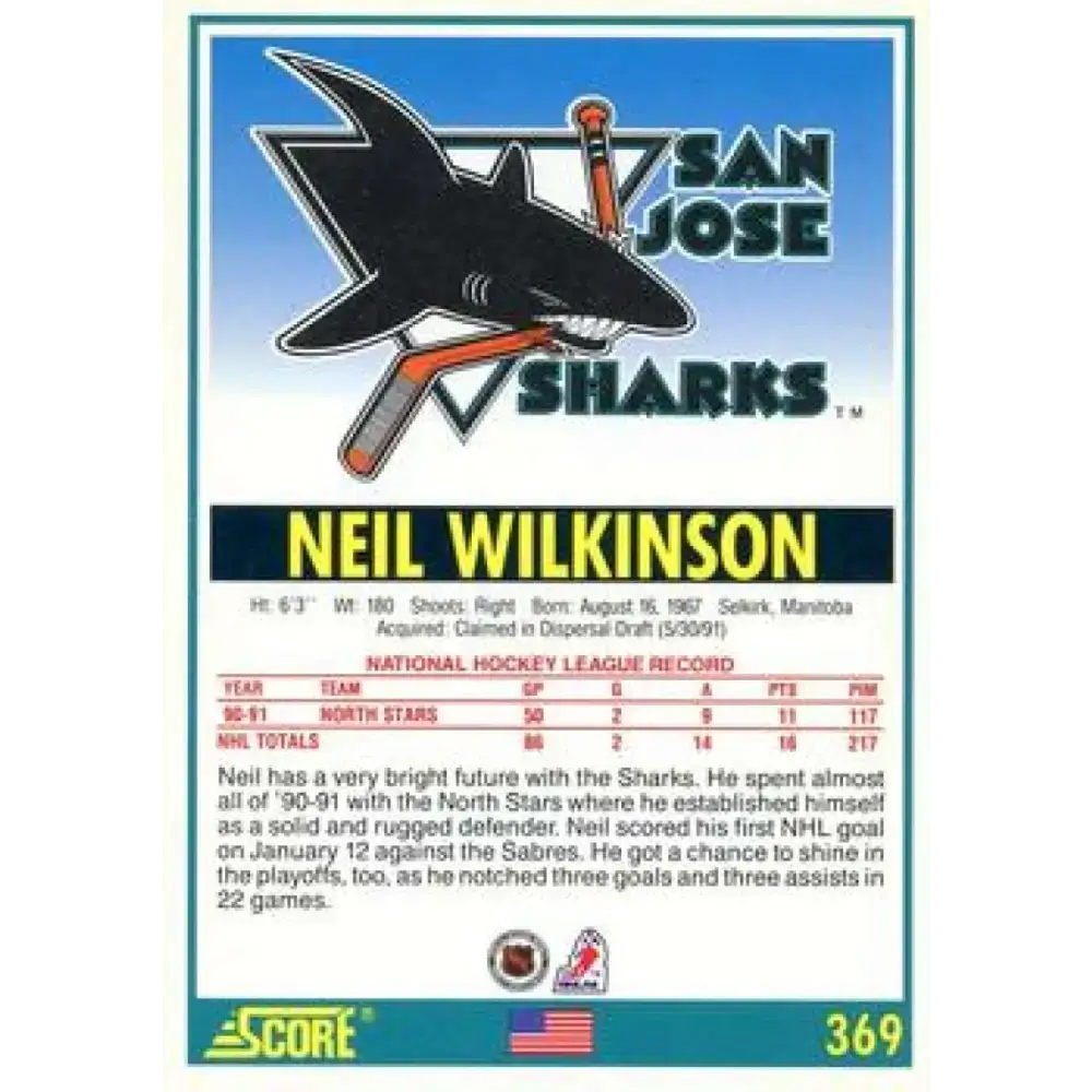1991-92 Score American #369 Neil Wilkinson NM-MT San Jose Sharks Hockey Card - Hockey Card Single