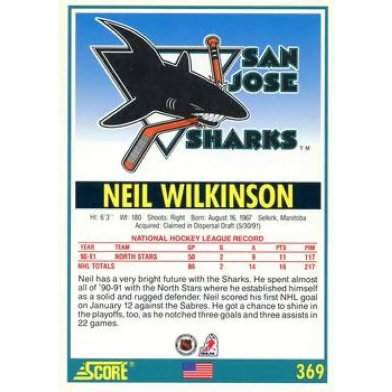 1991-92 Score American #369 Neil Wilkinson NM-MT San Jose Sharks Hockey Card - Hockey Card Single