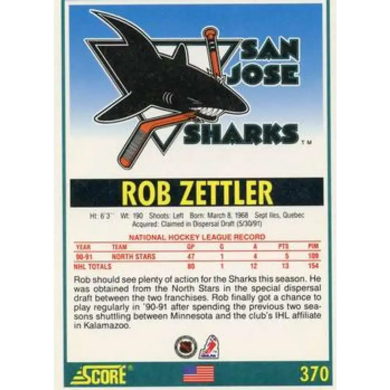 1991-92 Score American #370 Rob Zettler NM-MT San Jose Sharks Hockey Card - Hockey Card Single