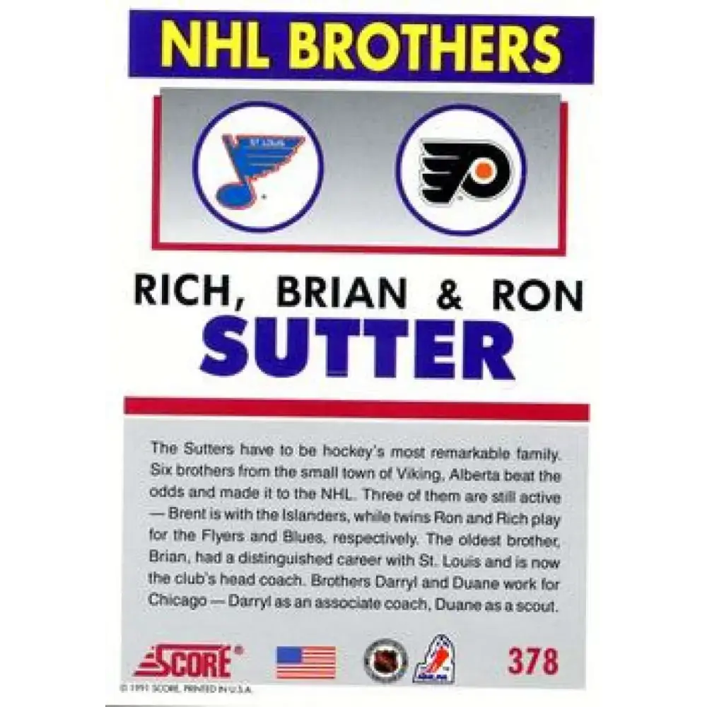 1991-92 Score American #378 Ron Sutter/Brian Sutter NM-MT St. Louis Blues Hockey Card - Hockey Card Single