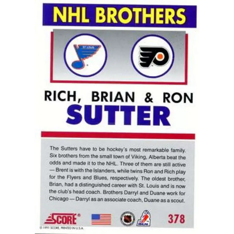 1991-92 Score American #378 Ron Sutter/Brian Sutter NM-MT St. Louis Blues Hockey Card - Hockey Card Single