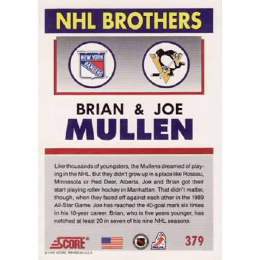 1991-92 Score American #379 Brian Mullen/Joe Mullen NM-MT Hockey Card - Hockey Card Single