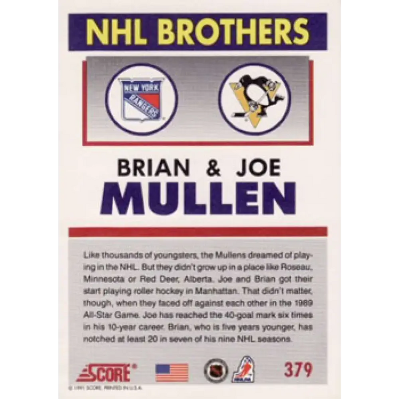 1991-92 Score American #379 Brian Mullen/Joe Mullen NM-MT Hockey Card - Hockey Card Single