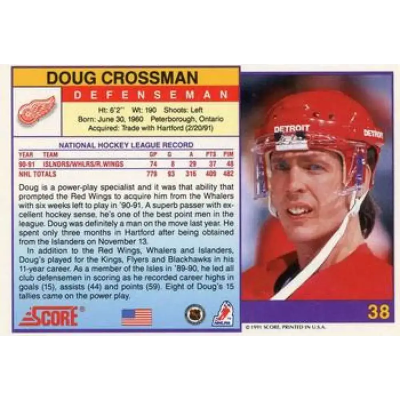 1991-92 Score American #38 Doug Crossman NM-MT Detroit Red Wings Hockey Card