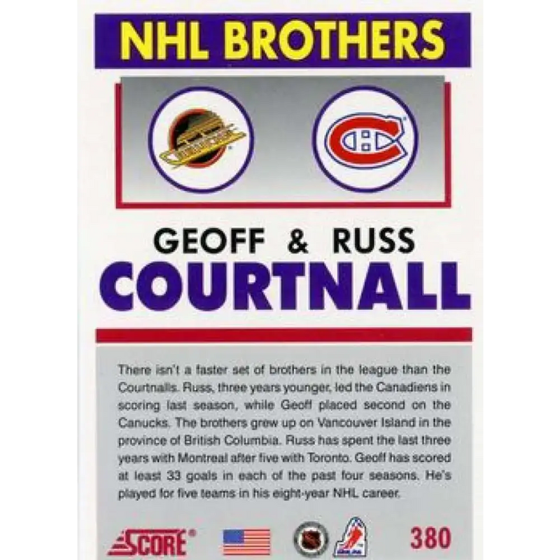 1991-92 Score American #380 Geoff Courtnall/Russ Courtnall NM-MT Vancouver Canucks Hockey Card