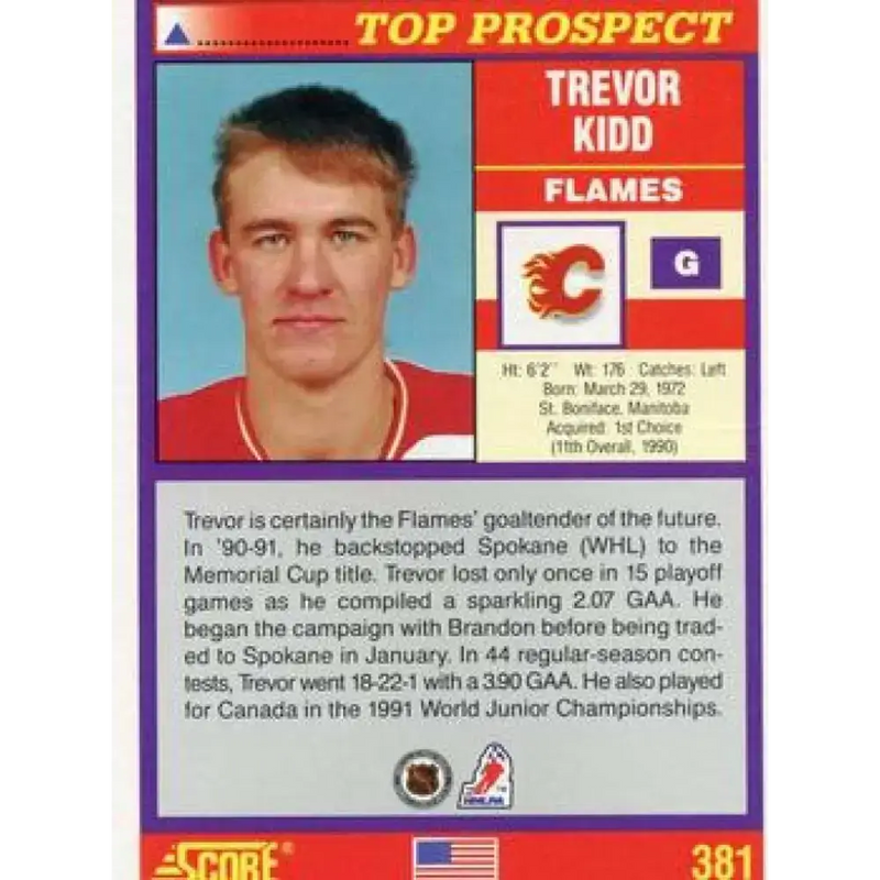1991-92 Score American #381 Trevor Kidd NM-MT Calgary Flames Hockey Card - Hockey Card Single