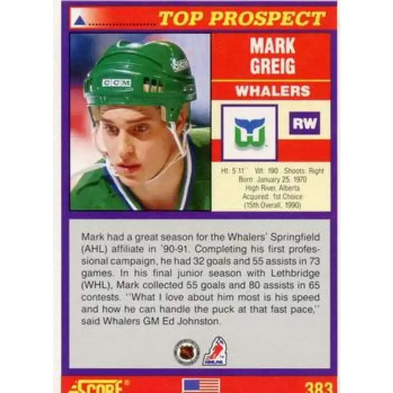 1991-92 Score American #383 Mark Greig NM-MT Hartford Whalers Hockey Card - Hockey Card Single