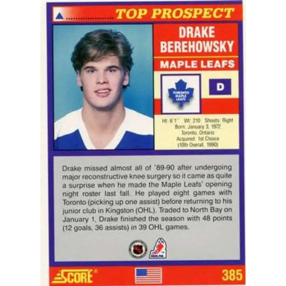 1991-92 Score American #385 Drake Berehowsky NM-MT Toronto Maple Leafs Hockey Card - Hockey Card Single