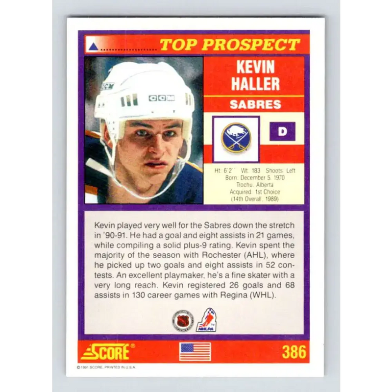 1991-92 Score American #386 Kevin Haller NM-MT RC Rookie Buffalo Sabres Hockey Card - Hockey Card Single