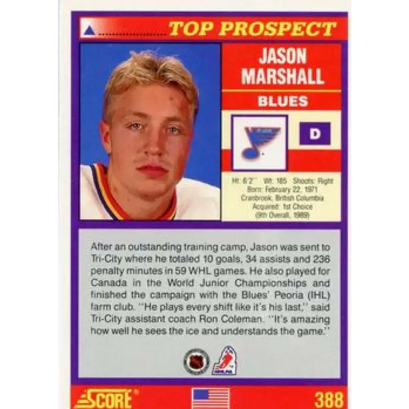 1991-92 Score American #388 Jason Marshall NM-MT St. Louis Blues Hockey Card - Hockey Card Single