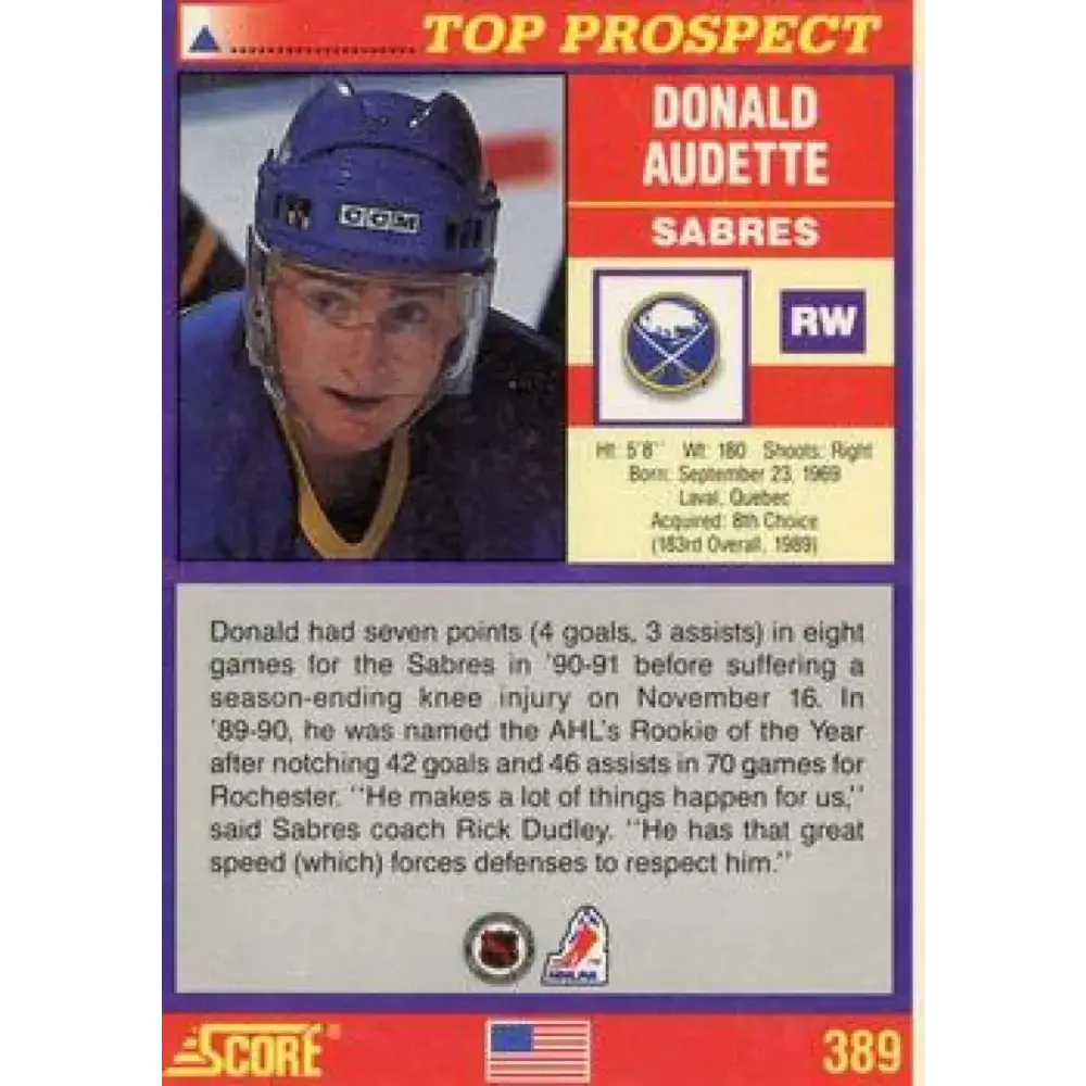 1991-92 Score American #389 Donald Audette NM-MT Buffalo Sabres Hockey Card - Hockey Card Single