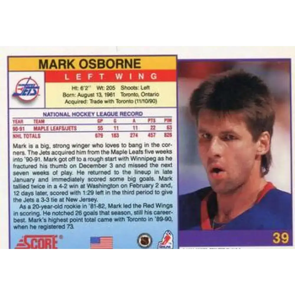 1991-92 Score American #39 Mark Osborne NM-MT Winnipeg Jets Hockey Card - Hockey Card Single