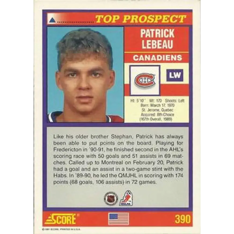 1991-92 Score American #390 Patrick Lebeau NM-MT RC Rookie Montreal Canadiens Hockey Card - Hockey Card Single