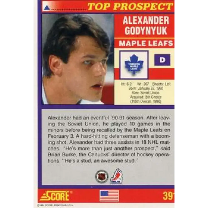 1991-92 Score American #391 Alexander Godynyuk NM-MT Toronto Maple Leafs Hockey Card - Hockey Card Single