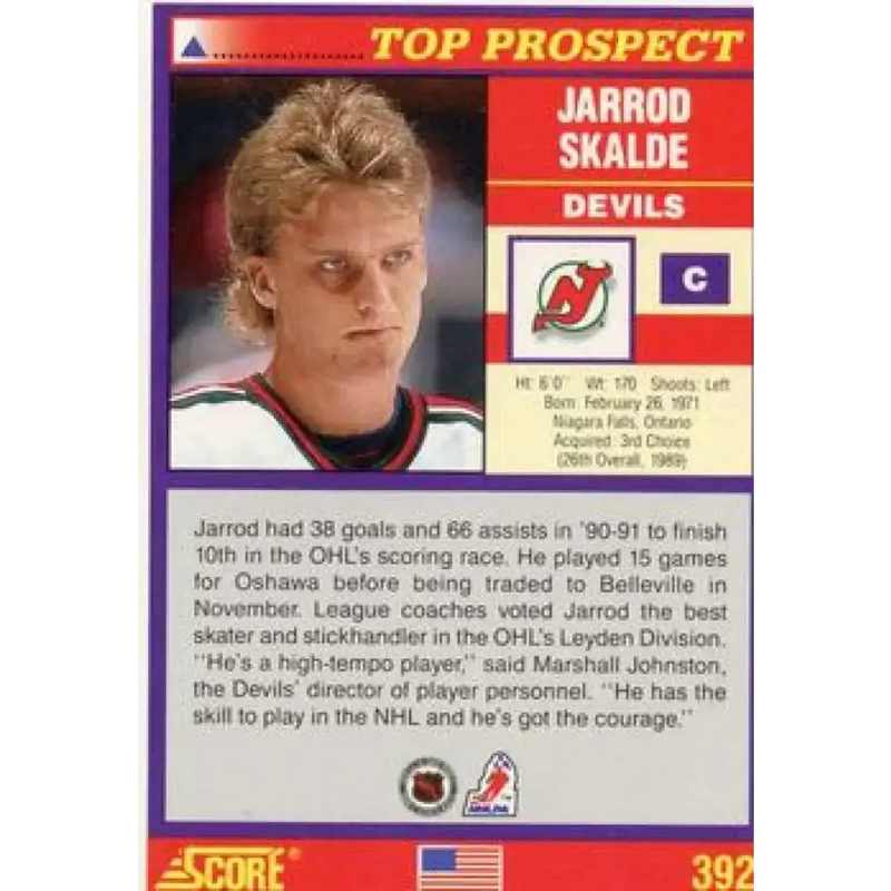1991-92 Score American #392 Jarrod Skalde NM-MT RC Rookie New Jersey Devils Hockey Card - Hockey Card Single