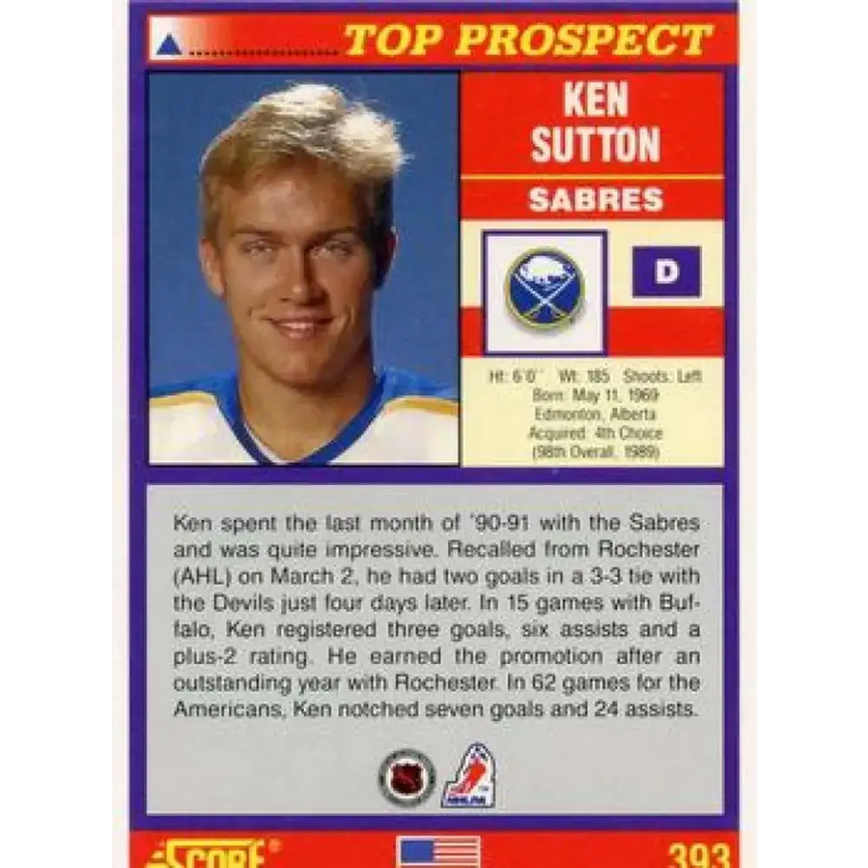 1991-92 Score American #393 Ken Sutton NM-MT RC Rookie Buffalo Sabres Hockey Card
