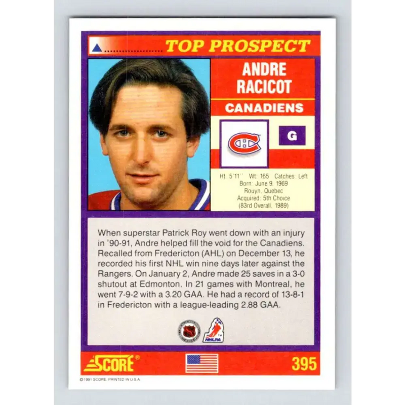 1991-92 Score American #395 Andre Racicot NM-MT RC Rookie Montreal Canadiens Hockey Card - Hockey Card Single