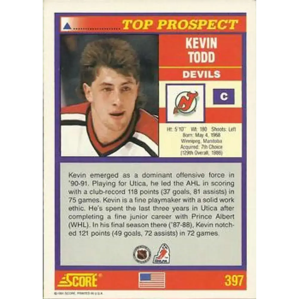 1991-92 Score American #397 Kevin Todd NM-MT RC Rookie New Jersey Devils Hockey Card - Hockey Card Single