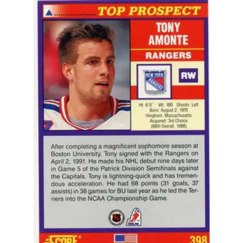 1991-92 Score American #398 Tony Amonte NM-MT RC Rookie New York Rangers Hockey Card - Hockey Card Single