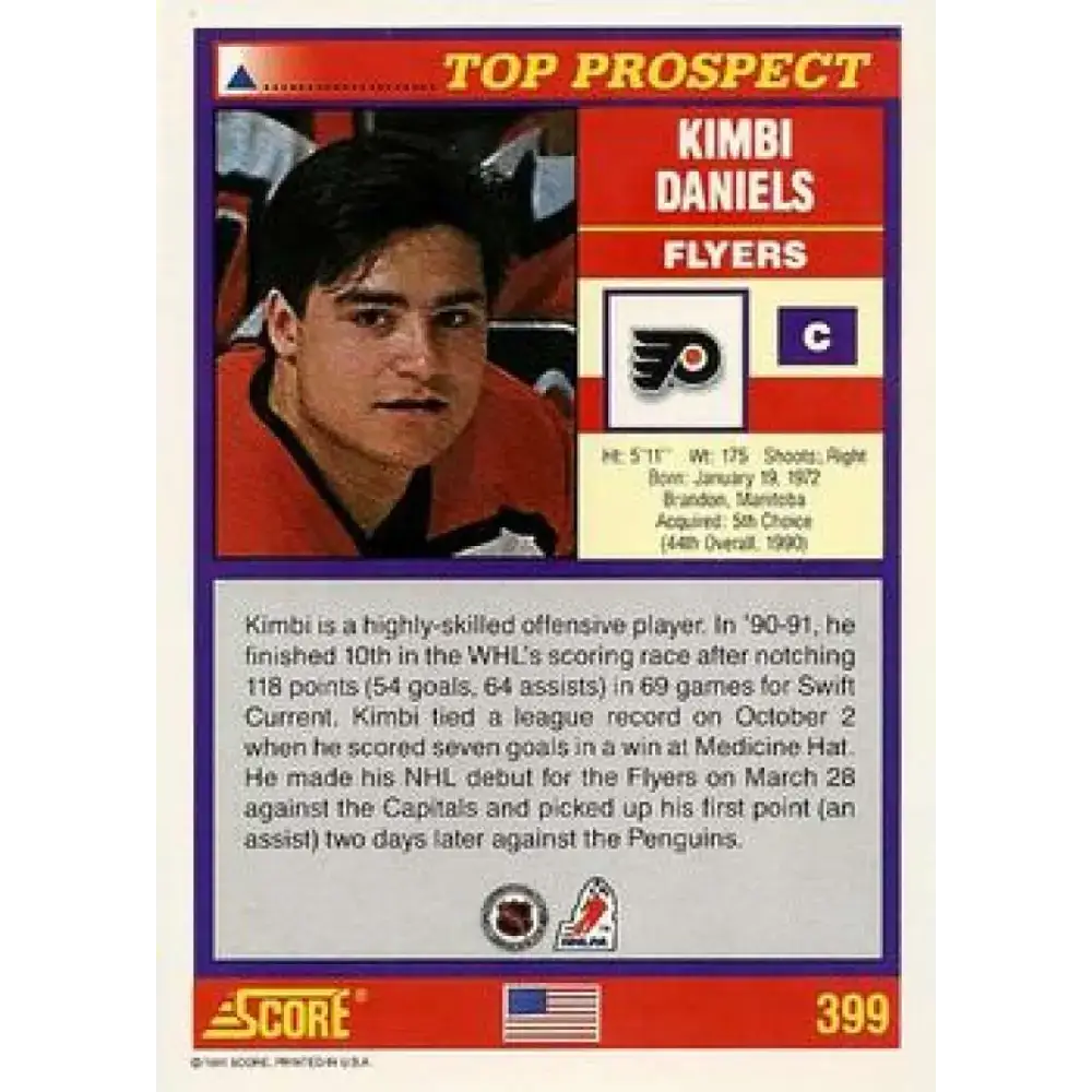 1991-92 Score American #399 Kimbi Daniels NM-MT Philadelphia Flyers Hockey Card - Hockey Card Single