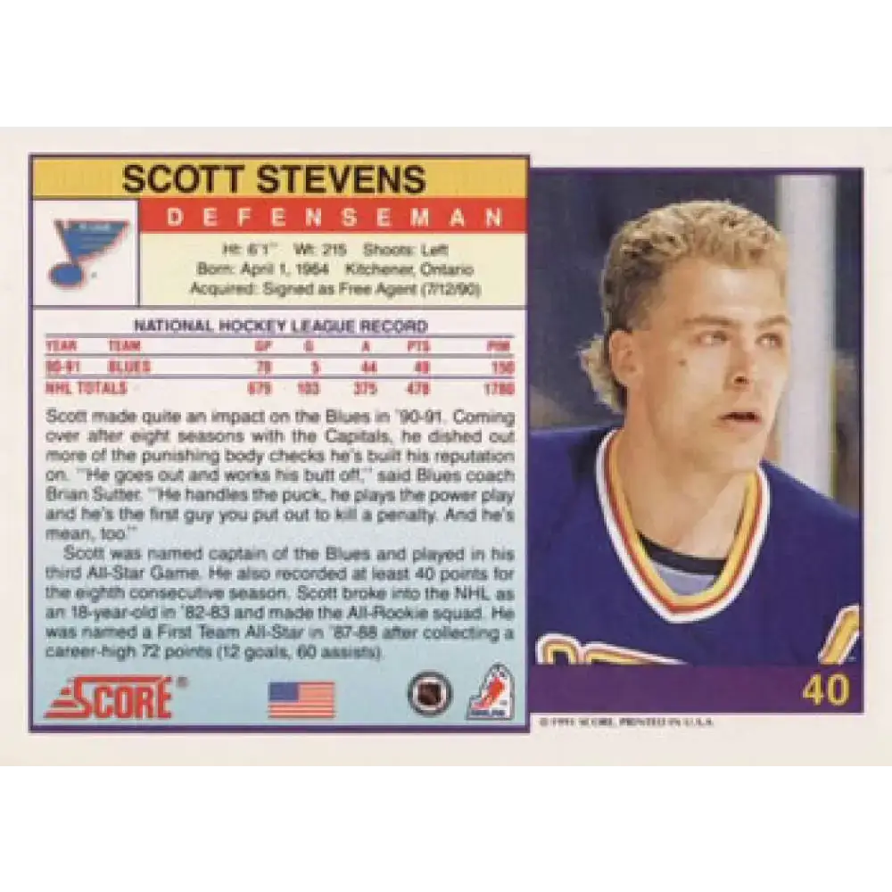 1991-92 Score American #40 Scott Stevens NM-MT St. Louis Blues Hockey Card - Hockey Card Single