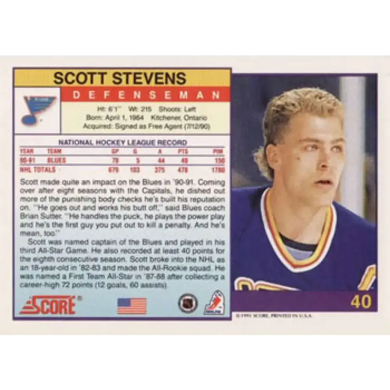 1991-92 Score American #40 Scott Stevens NM-MT St. Louis Blues Hockey Card - Hockey Card Single