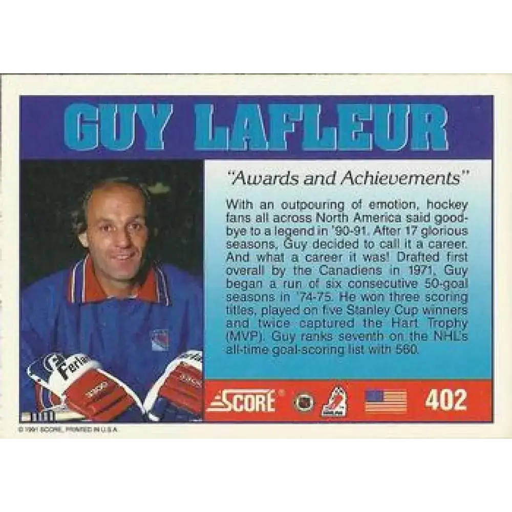 1991-92 Score American #402 Guy Lafleur NM-MT Hockey Card - Hockey Card Single