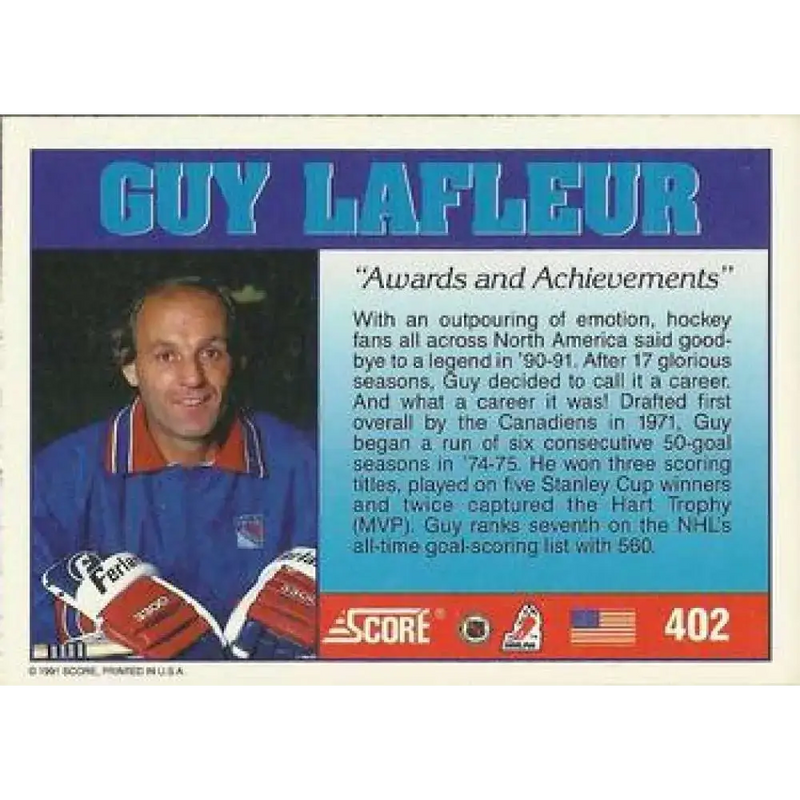 1991-92 Score American #402 Guy Lafleur NM-MT Hockey Card - Hockey Card Single