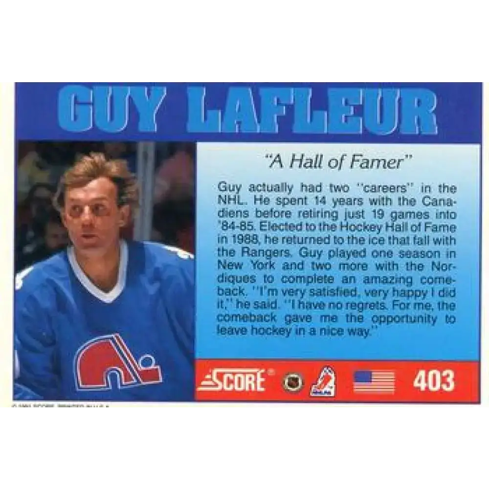 1991-92 Score American #403 Guy Lafleur NM-MT Hockey Card - Hockey Card Single