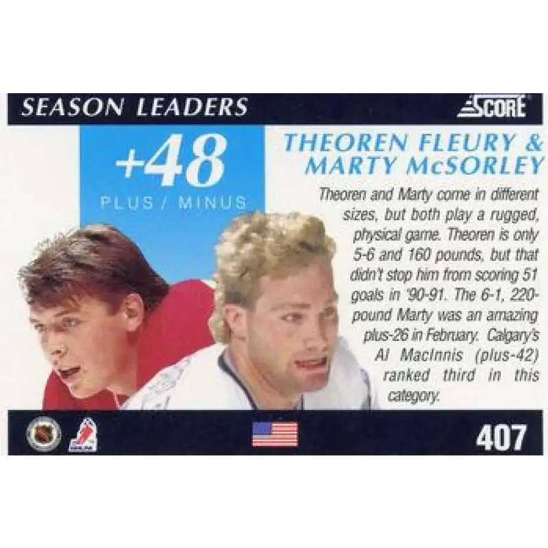 1991-92 Score American #407 Marty McSorley/Theo Fleury NM-MT Calgary Flames Hockey Card - Hockey Card Single