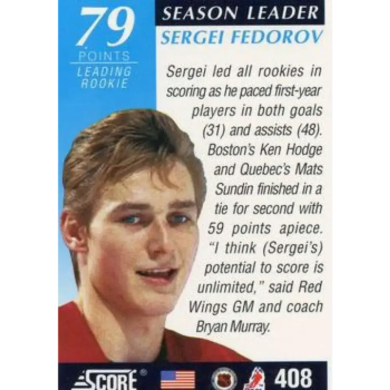 1991-92 Score American #408 Sergei Fedorov NM-MT Detroit Red Wings Hockey Card - Hockey Card Single