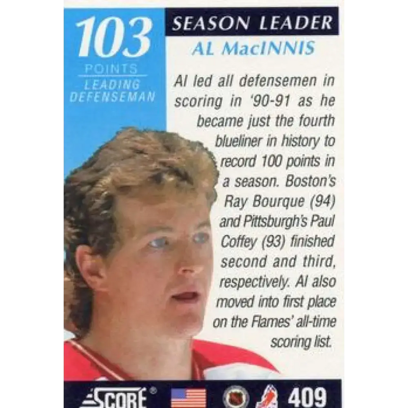 1991-92 Score American #409 Al MacInnis NM-MT Calgary Flames Hockey Card - Hockey Card Single