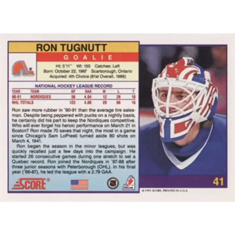 1991-92 Score American #41 Ron Tugnutt NM-MT Quebec Nordiques Hockey Card - Hockey Card Single