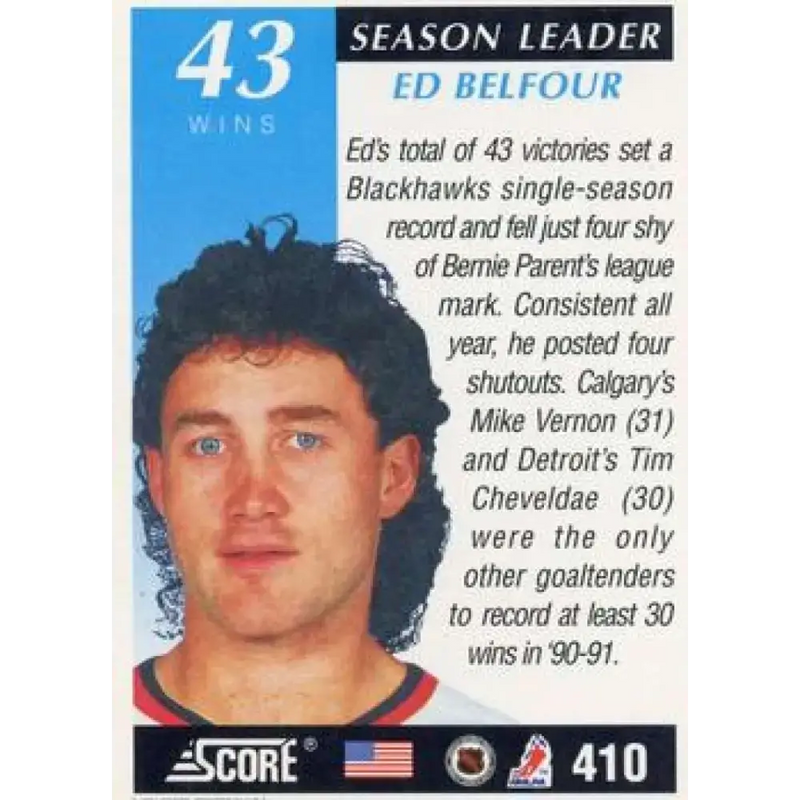 1991-92 Score American #410 Ed Belfour NM-MT Chicago Blackhawks Hockey Card - Hockey Card Single