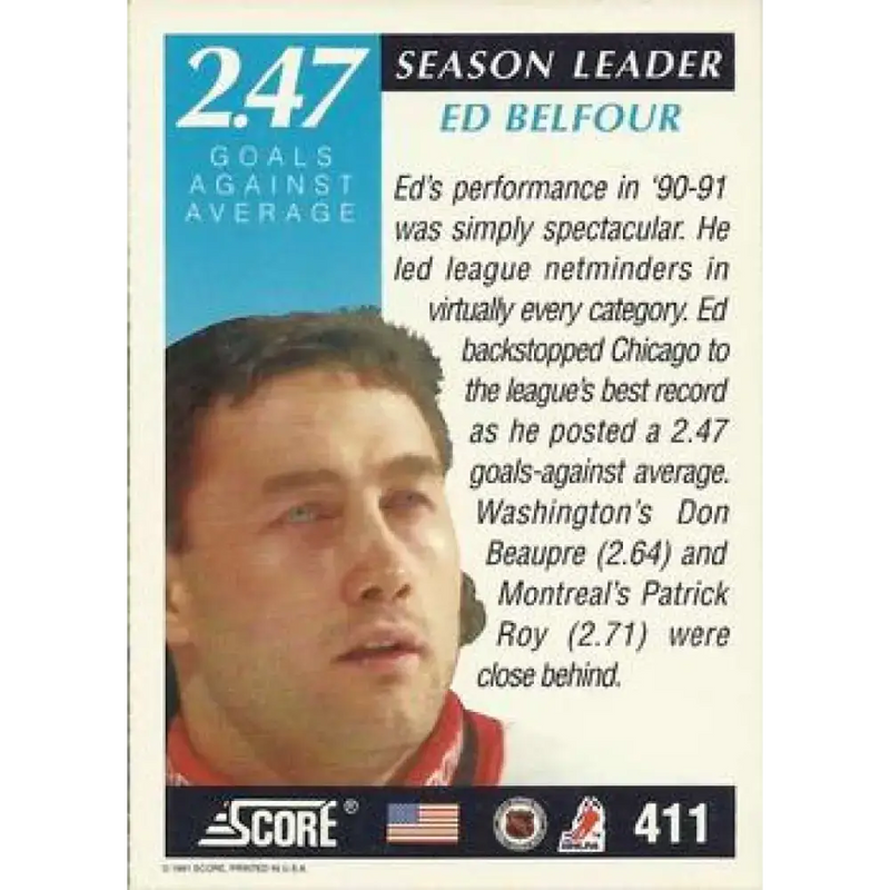 1991-92 Score American #411 Ed Belfour NM-MT Chicago Blackhawks Hockey Card - Hockey Card Single