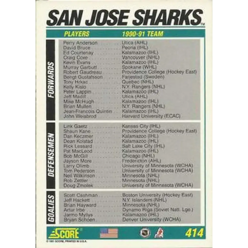 1991-92 Score American #414 San Jose Sharks Logo NM-MT San Jose Sharks Hockey Card - Hockey Card Single