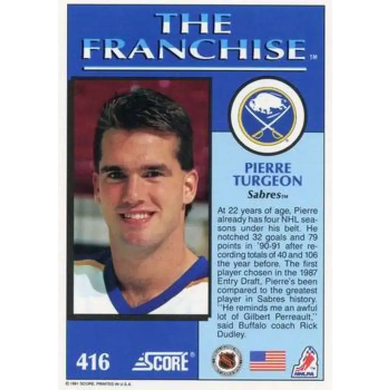 1991-92 Score American #416 Pierre Turgeon NM-MT Buffalo Sabres Hockey Card - Hockey Card Single