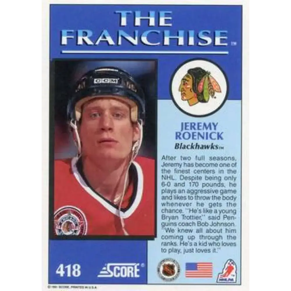 1991-92 Score American #418 Jeremy Roenick NM-MT Chicago Blackhawks Hockey Card - Hockey Card Single